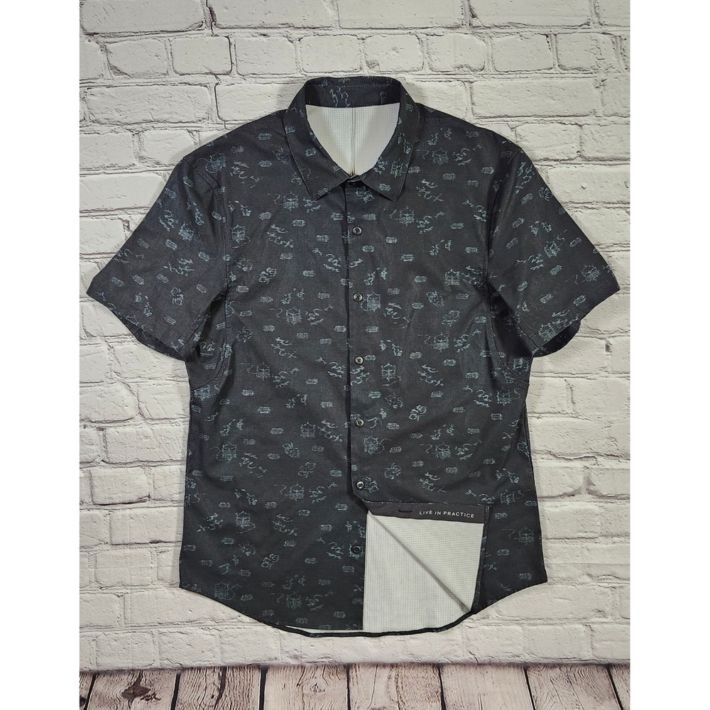 Lululemon Airing Mens S Vented Short Sleeve Button Down Shirt Charcoal Abstract